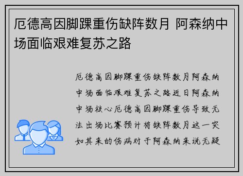 厄德高因脚踝重伤缺阵数月 阿森纳中场面临艰难复苏之路