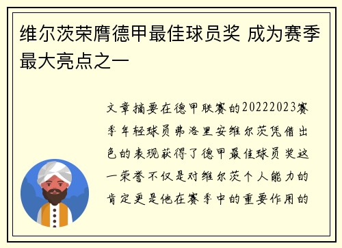 维尔茨荣膺德甲最佳球员奖 成为赛季最大亮点之一 维尔茨荣膺德甲最佳球员奖 成为赛季最大亮点之一